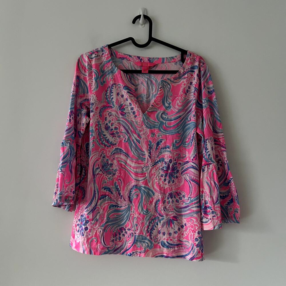 Lilly Pulitzer Lourdes Pink 3/4 Sleeve Preppy Resort Cotton Blouse Top Size M